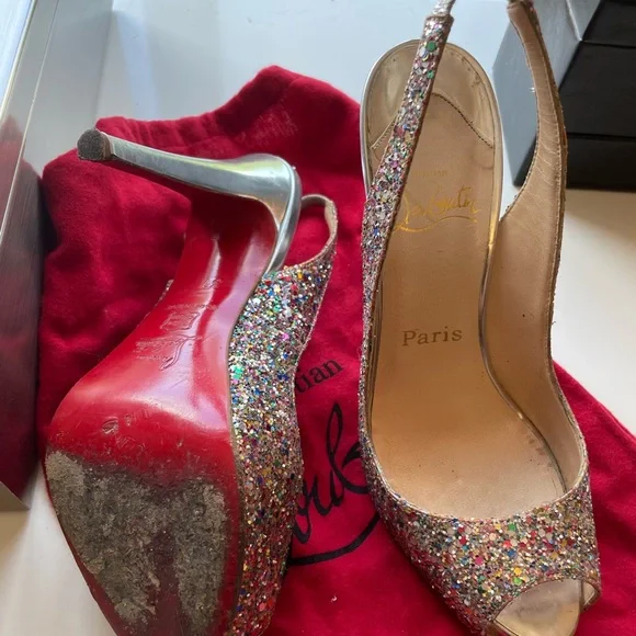 Christian Louboutin No Prive Glitter Silver Multicolor Heels 37 - Picture 2 of 4